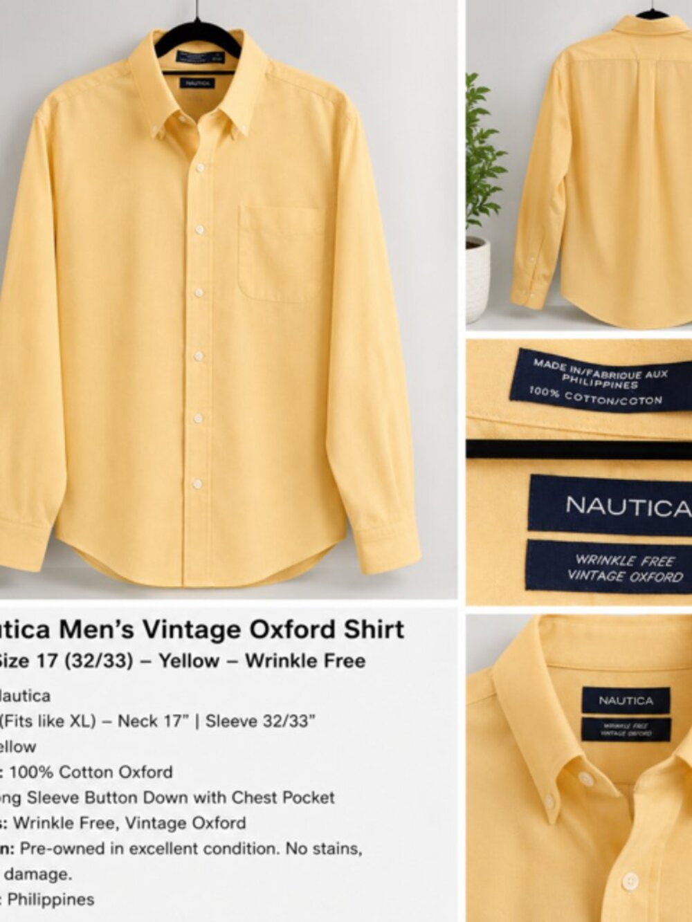 Nautica Wrinkle Free Vintage Oxford Button Down Shirt Yellow 17 32/33 100% Cotto